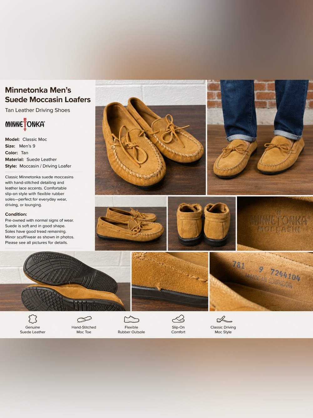 Minnetonka Men’s Suede Moccasin Loafers Size 9 Tan Leather Driving Shoes